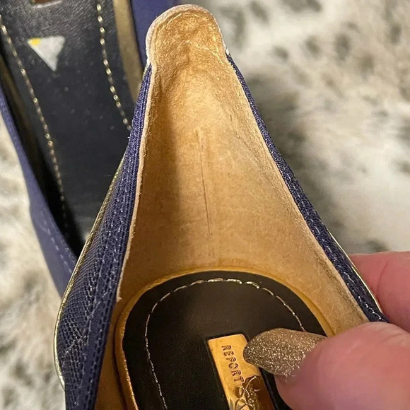 REPORT SIGNATURE TOLUCA2 PEEP TOE HEELS METALLIC GOLD AND DENIM BLUE SIZE 8 - Picture 13 of 15